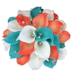 Product: Lily Garden® Real Touch Calla Lily Coral and White and Carnation Turquoise Flowers Wedding Bouquet (Wedding Bouquet Lilies)
