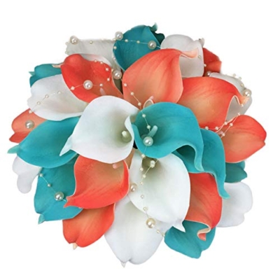 Product: Lily Garden® Real Touch Calla Lily Coral and White and Carnation Turquoise Flowers Wedding Bouquet (Wedding Bouquet Lilies)