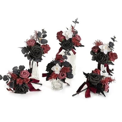 Product: Ling's Moment Burgundy Black Wedding Flowers Mini Bridesmaid Bouquets Set of 6 Pre-Made Small Floral Maroon Gothic Wedding Rose Goth Centerpieces Halloween