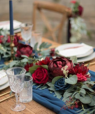 Silky Flower Store Eucalyptus Rose Garland, Burgundy Navy Sweetheart Table Decor, 6FT 7 7 Product: Ling's Moment Flower Garland - 6FT Eucalyptus & Rose - Sweetheart Table Decor for Wedding Reception, Artificial Floral Garland for Mantle, Thanksgiving, Christmas Decoration, Burgundy & Navy