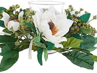 Silky Flower Store Artificial Magnolia Candelabrum Silk Flower Arrangement, Faux Green Floral Decor, 14 x 14 x 6.5 In. 6 6 Product: Nearly Natural Magnolia Candelabrum Silk Flower Arrangement Artificial Plant, 14 In. W x 14 In. D x 6.5 In. H, Green