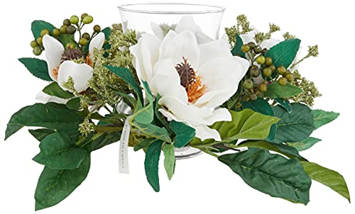 Silky Flower Store Artificial Magnolia Candelabrum Silk Flower Arrangement, Faux Green Floral Decor, 14 x 14 x 6.5 In. 1 1 Product: Nearly Natural Magnolia Candelabrum Silk Flower Arrangement Artificial Plant, 14 In. W x 14 In. D x 6.5 In. H, Green