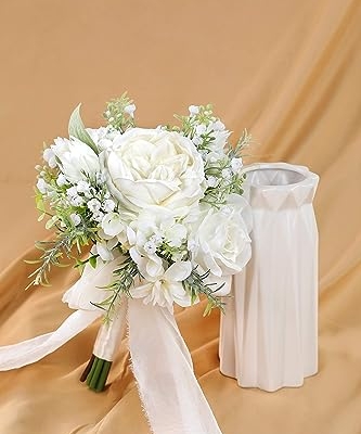 Silky Flower Store Artificial Bridesmaid Bouquet Set, White Greenery Silk Rose Bouquet, Set of 4, 7 Inch 8 8 Product: BENCENTRE 7 Inch White & Greenery Bridesmaid Bouquet for Wedding, Set of 4, Small Wedding Bouquet,for Marriage Proposal Party and Vintage Wedding Ceremony Anniversary,Artificial Flowers