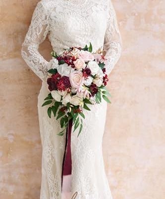 Product: Ling's Moment Burgundy Bridal Bouquet for Bride, 13 Inch Romantic Marsala Wedding Bouquets for Bride, Silk Round Artificial Wedding Flowers Bouquets