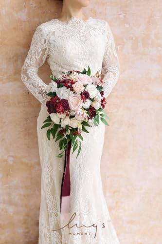 Product: Ling's Moment Burgundy Bridal Bouquet for Bride, 13 Inch Romantic Marsala Wedding Bouquets for Bride, Silk Round Artificial Wedding Flowers Bouquets