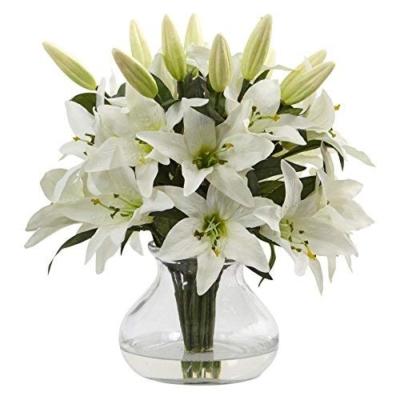 Product: Nearly Natural 16in. Lily Silk Arrangement with Glass Vase
