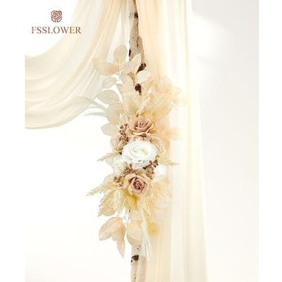 Silky Flower Store Wedding Arch Flower Swag Kit, Beige Faux Silk Draping Decor, Wedding Backdrop Flowers Pack of 3 20.5cm 11 11 Product: Fsslower Wedding Arch Flowers with Drape Kit (Pack of 3) - 2pcs Artificial Flower Swag with 1pcs Draping Fabric for Wedding Ceremony Arbor and Reception Backdrop Decoration (Beige)