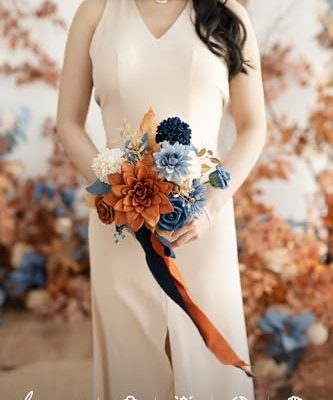 Silky Flower Store Artificial Bridesmaid Bouquet Orange Navy Blue Cream, Wedding Decor Silk Foam Set of 4, 7 Inch 9 9 Product: Ling's Moment Artificial Flowers Orange & Navy Bridesmaid Bouquet Set of 4, Orange Wedding Flowers Bouquets for Bridesmaids, 7 Inch Bridal Bouquets for Bridesmaids, Wedding Decor, etc