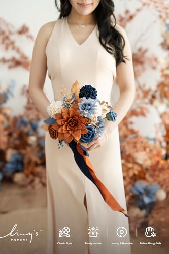 Silky Flower Store Artificial Bridesmaid Bouquet Orange Navy Blue Cream, Wedding Decor Silk Foam Set of 4, 7 Inch 2 2 Product: Ling's Moment Artificial Flowers Orange & Navy Bridesmaid Bouquet Set of 4, Orange Wedding Flowers Bouquets for Bridesmaids, 7 Inch Bridal Bouquets for Bridesmaids, Wedding Decor, etc