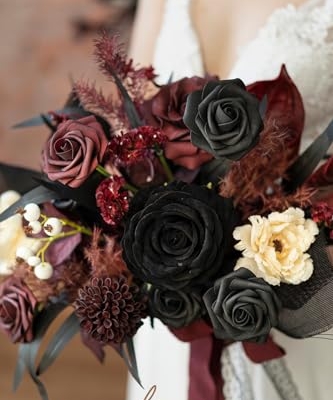 Silky Flower Store Black Burgundy Gothic Wedding Bouquet, Artificial Bridal Flowers, Free Form Wedding Bouquet, 13 Inch 10 10 Product: Ling's Moment Black and Burgundy Wedding Bouquets for Bride, Gothic Bridal Bouquets for Bride, 13 Inch Free Form Artificial Wedding Flower Bouquet