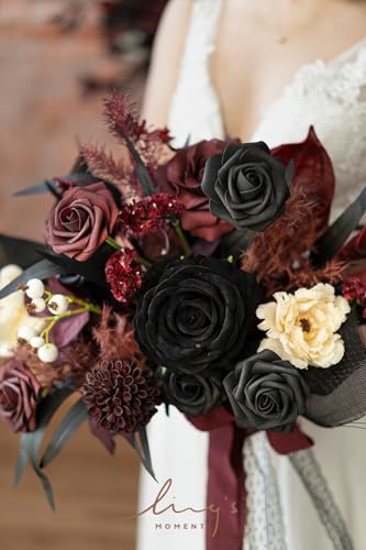 Silky Flower Store Black Burgundy Gothic Wedding Bouquet, Artificial Bridal Flowers, Free Form Wedding Bouquet, 13 Inch 3 3 Product: Ling's Moment Black and Burgundy Wedding Bouquets for Bride, Gothic Bridal Bouquets for Bride, 13 Inch Free Form Artificial Wedding Flower Bouquet