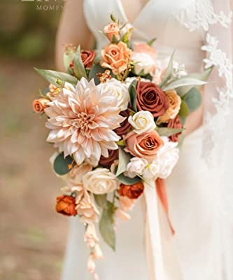 Silky Flower Store Terracotta Bridal Bouquet, Cascading Orange Wedding Bouquet, Ling’s Moment Bridesmaid Bouquet, 13 Inch 11 11 Product: Ling's Moment Terracotta Bridal Bouquet Cascading, Orange Wedding Bouquets for Bride, 13 Inch Bride Bouquets for Wedding Artificial Flowers Bouquets