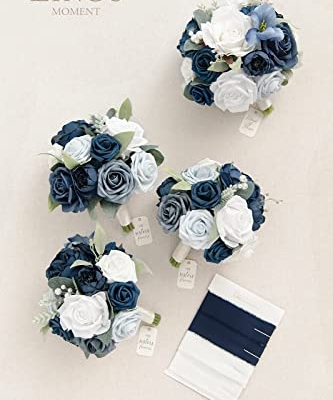 Product: Ling's Moment Blue and White Artificial Flowers Bridesmaid Bouquet Set of 4, Navy Blue and White Wedding Flowers Bouquets for Bridesmaids, 7 Inch Bridal Bouquets for Bridesmaids, Wedding, Ceremony