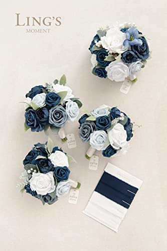 Product: Ling's Moment Blue and White Artificial Flowers Bridesmaid Bouquet Set of 4, Navy Blue and White Wedding Flowers Bouquets for Bridesmaids, 7 Inch Bridal Bouquets for Bridesmaids, Wedding, Ceremony