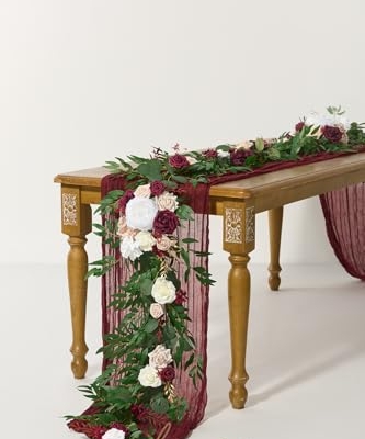 Silky Flower Store Eucalyptus Rose Artificial Flower Garland Sweetheart Table Decor, 6FT 13.75in Wide x 3.5in Tall 8 8 Product: Ling's Moment Flower Garland - 6FT Eucalyptus & Rose - Sweetheart Table Decor for Wedding Reception, Artificial Floral Garland for Mantle, Thanksgiving, Christmas Decoration, Marsala