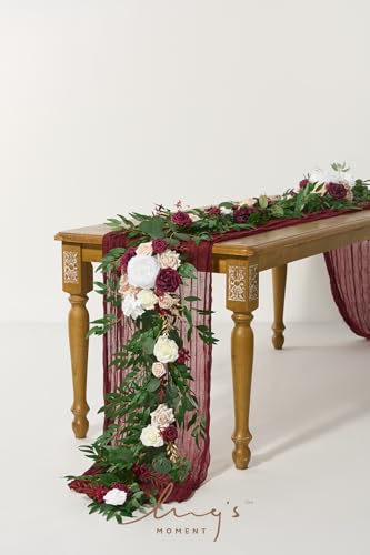 Silky Flower Store Eucalyptus Rose Artificial Flower Garland Sweetheart Table Decor, 6FT 13.75in Wide x 3.5in Tall 2 2 Product: Ling's Moment Flower Garland - 6FT Eucalyptus & Rose - Sweetheart Table Decor for Wedding Reception, Artificial Floral Garland for Mantle, Thanksgiving, Christmas Decoration, Marsala