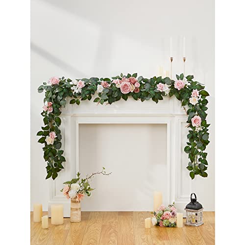 Silky Flower Store Eucalyptus Garland with Flowers Blush Pink Artificial Garland Decor, 9FT 1 1 Product: OnlyBloom 9FT Eucalyptus Garland with Flowers, Artificial Flowers Garland Table Runner Decor Arch Backdrop Head Table Decorations for Wedding Sweetheart Table Centerpieces(Blush Pink)