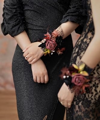 Product: Ling's Moment 6pcs Wedding Wrist Corsage Artificial Flowers, Girl/Mother Homecoming Prom Corsages Wristlet Décor, etc. Black Gothic Burgundy