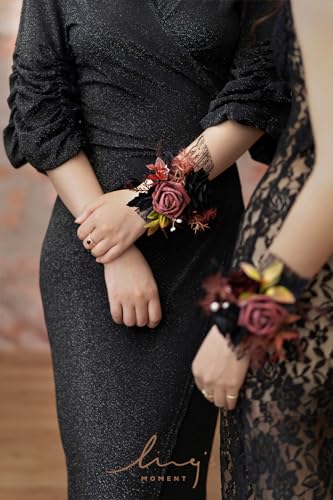 Product: Ling's Moment 6pcs Wedding Wrist Corsage Artificial Flowers, Girl/Mother Homecoming Prom Corsages Wristlet Décor, etc. Black Gothic Burgundy
