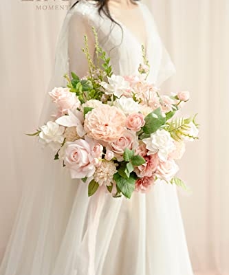 Product: Ling's Moment Blush Pink Wedding Bouquets for Bride, Blush and Cream Bridal Bouquets for Bride, 15 Inch Free Form Artificial Wedding Flower Bouquet