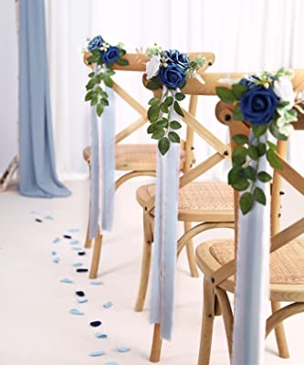 Silky Flower Store Wedding Aisle Decorations Set of 10, Blue Artificial Pew Flowers Eucalyptus Ribbons, DreamBuilt 70cm 8 8 Product: DreamBuilt Wedding Aisle Decorations for Wedding Ceremony Set of 10 Pew Flowers for Church Chair Decorations Party Decor with Artificial Flowers Eucalyptus and Ribbons Blue