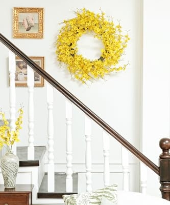 Silky Flower Store 24inch Artificial Forsythia Yellow Flowers Wreath, Silk Leaves Spring Summer Front Door Porch Farmhouse Patio Garden Decor, Orchid 12 12 Product: WELL KNOWN 24inch Artificial Forsythia Yellow Flowers Wreath, Silk Leaves Wreath for Spring Summer Seasonal Decor, Front Door Porch Farmhouse Patio Garden Home Decor (Orchid)