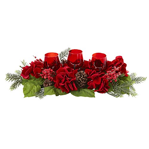 Nearly Natural Triple Hydrangea Red Candelabrum - Artificial Flower Arrangements Product: Nearly Natural Triple Hydrangea Red Candelabrum