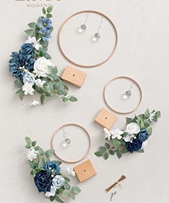 Silky Flower Store Crystal Wooden Hoop Wreath Floral Centerpieces, Dusty Blue Navy Faux Flowers, Sweetheart Table Ceremony Décor, Set of 3 20.5cm 9 9 Product: Ling's Moment Crystal Wooden Hoop Wreath Floral Centerpieces for Sweetheart Table, Head Table, Ceremony Reception Artificial Flowers Decorations, Assemble Required - Dusty Blue &Navy
