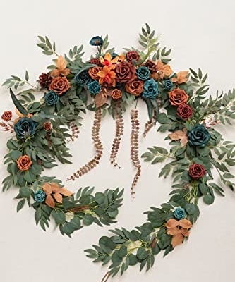 Silky Flower Store Artificial Eucalyptus Rose Flower Garland, Fall Wedding Arch Backdrop Decor, Sweetheart Table Mantel Garland, Teal Orange 9FT 11 11 Product: Ling's Moment 9FT Flower Garland for Backdrop Decoration - Fall Wedding Arch Flowers, Eucalyptus & Rose, Artificial Floral Garland for Mantle - Sweetheart Table Decor for Ceremony, Teal & Orange