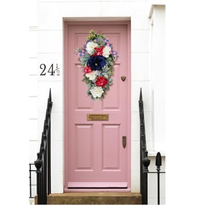 Silky Flower Store Patriotic Teardrop Wreath, Red White Blue Summer Floral Swag, USA Flag Bow, Artificial Front Door Decor, 28in 16 16 Product: 4th of July Patriotic Swag - Red White Blue Summer Floral Swag with USA Flag Printed Bow - Artificial Flower Teardrop Wreath - American Summer Home Decor for Frong Door Porch Wall