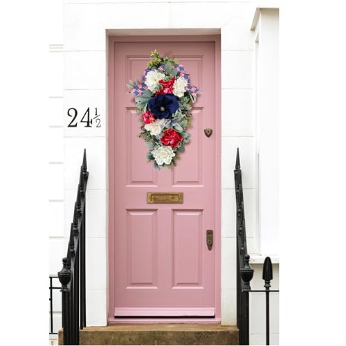 Silky Flower Store Patriotic Teardrop Wreath, Red White Blue Summer Floral Swag, USA Flag Bow, Artificial Front Door Decor, 28in 7 7 Product: 4th of July Patriotic Swag - Red White Blue Summer Floral Swag with USA Flag Printed Bow - Artificial Flower Teardrop Wreath - American Summer Home Decor for Frong Door Porch Wall