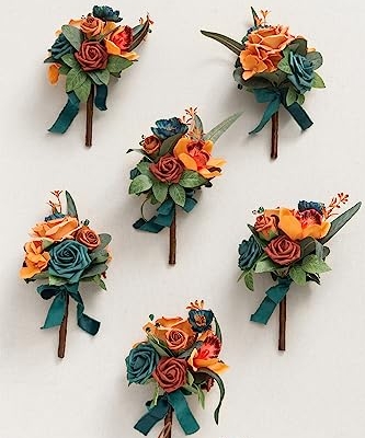 Silky Flower Store Teal Blue Wedding Flowers Mini Bridesmaid Bouquets Set of 6, Faux Floral Centerpieces, 8.5in Tall 6in Wide 8 8 Product: Ling's Moment Daek Teal Blue Wedding Flowers Mini Bridesmaid Bouquets Set of 6 Pre-Made Small Floral Wedding Centerpieces (Daek Teal & Burnt Orange)