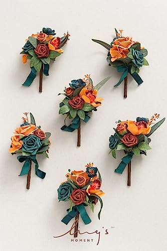 Silky Flower Store Teal Blue Wedding Flowers Mini Bridesmaid Bouquets Set of 6, Faux Floral Centerpieces, 8.5in Tall 6in Wide 3 3 Product: Ling's Moment Daek Teal Blue Wedding Flowers Mini Bridesmaid Bouquets Set of 6 Pre-Made Small Floral Wedding Centerpieces (Daek Teal & Burnt Orange)