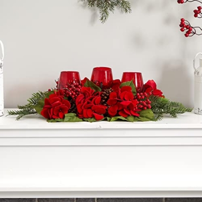 Silky Flower Store Artificial Hydrangea Candelabrum, Red Floral Table Centerpiece, Pinecone Berry Candle Holder, 24in 9 9 Product: Nearly Natural Triple Hydrangea Red Candelabrum
