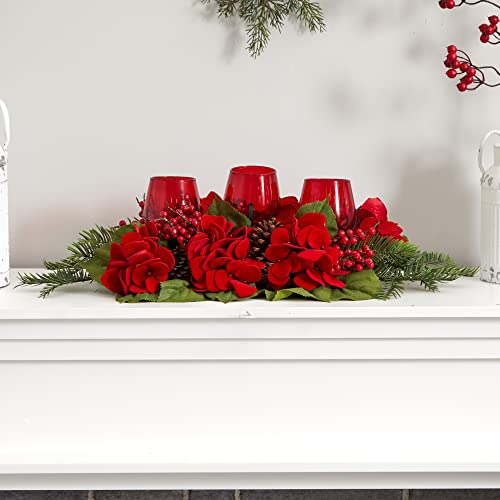 Silky Flower Store Artificial Hydrangea Candelabrum, Red Floral Table Centerpiece, Pinecone Berry Candle Holder, 24in 3 3 Product: Nearly Natural Triple Hydrangea Red Candelabrum
