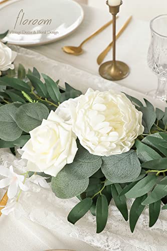 Silky Flower Store Artificial Eucalyptus Garland with Flowers, Ivory White Table Decor, 6ft, 13.75 x 3.5in 4 4 Product: Floroom 6ft Artificial Eucalyptus Garland with Flowers Fake Greenery Faux Floral Vine Garland for Table Decor Wedding Centerpieces Bridal Shower Party Decorations, Ivory White