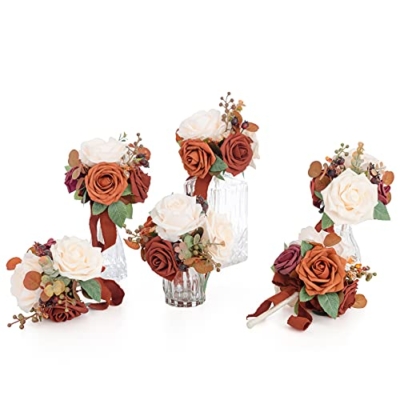 Product: Ling's Moment Burnt Orange Wedding Centerpieces Flowers Mini Bridesmaid Bouquets Set of 6 Terracotta Table Decor Pre-Made Small Floral Fall Wedding Decorations
