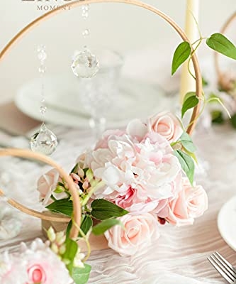 Silky Flower Store Blush Pink Artificial Flower Crystal Hoop Wreath Centerpieces Set of 3, French Country Faux Floral Table Decor 11in 8in 2.7x5.9in 7 7 Product: Ling's Moment Blush Pink Artificial Flowers Crystal Hoop Wreath Centerpieces for Sweetheart Table Head Table Ceremony Reception Decorations, Assembled (Set of 3)