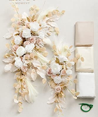 Product: Ling's Moment Deluxe White Beige Artificial Wedding Arch Flowers with Drapes Kit-Pack of 5, 2pcs Flower Arrangements 3pcs Hanging Sheer Drapes Ceremony Arbor Reception Backdrop Rose Floral Decorations