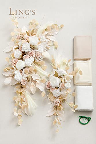 Product: Ling's Moment Deluxe White Beige Artificial Wedding Arch Flowers with Drapes Kit-Pack of 5, 2pcs Flower Arrangements 3pcs Hanging Sheer Drapes Ceremony Arbor Reception Backdrop Rose Floral Decorations