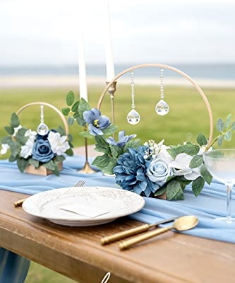 Silky Flower Store Crystal Wooden Hoop Wreath Floral Centerpieces, Dusty Blue Navy Faux Flowers, Sweetheart Table Ceremony Décor, Set of 3 20.5cm 6 6 Product: Ling's Moment Crystal Wooden Hoop Wreath Floral Centerpieces for Sweetheart Table, Head Table, Ceremony Reception Artificial Flowers Decorations, Assemble Required - Dusty Blue &Navy