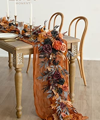 Silky Flower Store Eucalyptus Rose Flower Garland, Black Burnt Orange Faux Silk Wedding Arch Decor, 6ft 8 8 Product: Ling's Moment Flower Garland - 6FT Eucalyptus & Rose - Sweetheart Table Decor for Wedding Reception, Artificial Floral Garland for Mantle, Thanksgiving, Christmas Decoration, Black & Burnt Orange