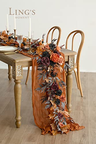 Silky Flower Store Eucalyptus Rose Flower Garland, Black Burnt Orange Faux Silk Wedding Arch Decor, 6ft 1 1 Product: Ling's Moment Flower Garland - 6FT Eucalyptus & Rose - Sweetheart Table Decor for Wedding Reception, Artificial Floral Garland for Mantle, Thanksgiving, Christmas Decoration, Black & Burnt Orange