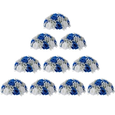 Product: BLOSMON Fake Flowers Ball Wedding Centerpieces 10 Pcs Royal Blue Rose Babys Breath Artificial Flowers Center Pieces Decoration for Table Faux Silk Floral Bouquet Arrangements for Home Party DIY Decor
