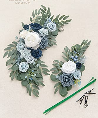 Silky Flower Store Artificial Wedding Welcome Sign Swag, Dusty Blue Navy Rose Eucalyptus Garland, 2pc Ceremony Decor, 32.5cm 11 11 Product: Ling's Moment 2pcs Artificial Welcome Sign Swag Wedding Arch Flowers Decorations Floral Eucalyptus Willow Garland Dusty Blue & Navy Rose Ceremony Party Reception Easel Door Wall Home Entryway Outdoor
