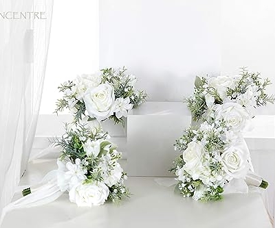 Silky Flower Store Artificial Bridesmaid Bouquet Set, White Greenery Silk Rose Bouquet, Set of 4, 7 Inch 9 9 Product: BENCENTRE 7 Inch White & Greenery Bridesmaid Bouquet for Wedding, Set of 4, Small Wedding Bouquet,for Marriage Proposal Party and Vintage Wedding Ceremony Anniversary,Artificial Flowers