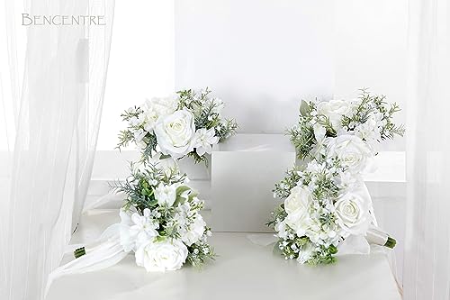 Silky Flower Store Artificial Bridesmaid Bouquet Set, White Greenery Silk Rose Bouquet, Set of 4, 7 Inch 4 4 Product: BENCENTRE 7 Inch White & Greenery Bridesmaid Bouquet for Wedding, Set of 4, Small Wedding Bouquet,for Marriage Proposal Party and Vintage Wedding Ceremony Anniversary,Artificial Flowers