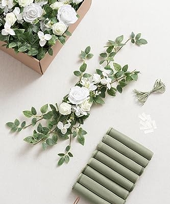 Product: Ling's Moment 8 Wedding Chair Decorations Aisle Pew Church Artificial Flowers Greenery Swag White Sage Green Bench Ceremony Reception Floral Faux Backdrop Rose Arrangements Party Outdoor Decorations