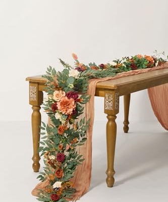 Silky Flower Store Terracotta Flower Garland, Eucalyptus Rose Faux Garland, 6FT, Waterproof Wedding Table Decor 6ft 6 6 Product: Ling's Moment Terracotta Flower Garland - 6FT Eucalyptus & Rose - Sweetheart Table Decor for Wedding Reception, Fall Artificial Floral Garland for Mantle, Christmas Decoration, Burnt Orange