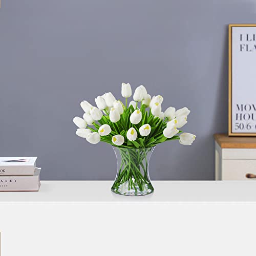 Product: ENOVA FLORAL 40 Heads White Artificial Tulips With Vase, Real Touch Fake Flowers, Floral Arrangement for Dining Table, Home Decoration, Wedding Centerpieces